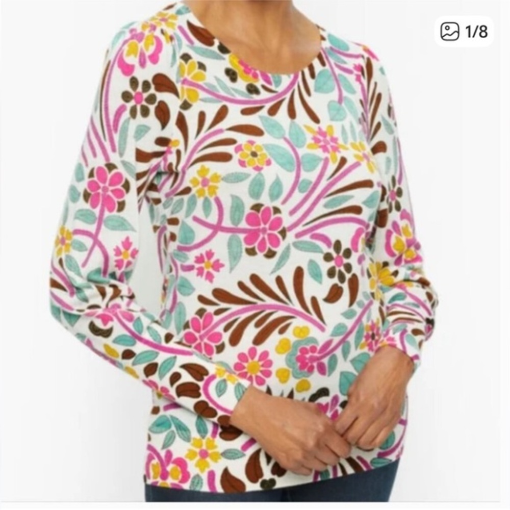 Talbots Pure Merino Wool Floral Print Long Sleeve Sweater Top Size LP